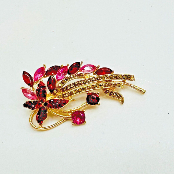 Vintage Napier Rhinestone Brooch Sparkling Red, Pink Gems Gold Tone Flower Pin - Picture 1 of 10
